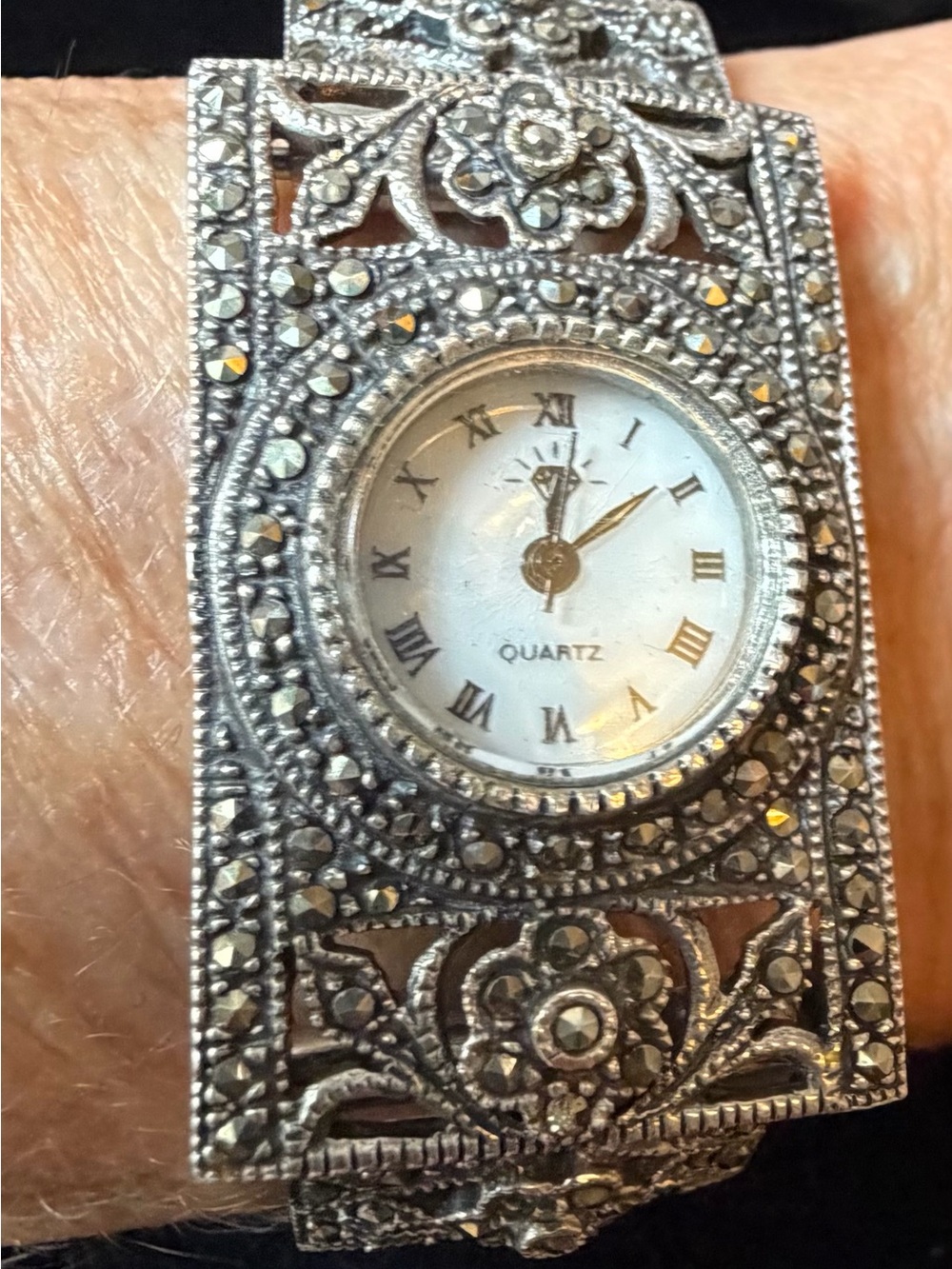 Vintage Art Deco 925 Silver marcasite Floral Mesh Bracelet Watch  7”